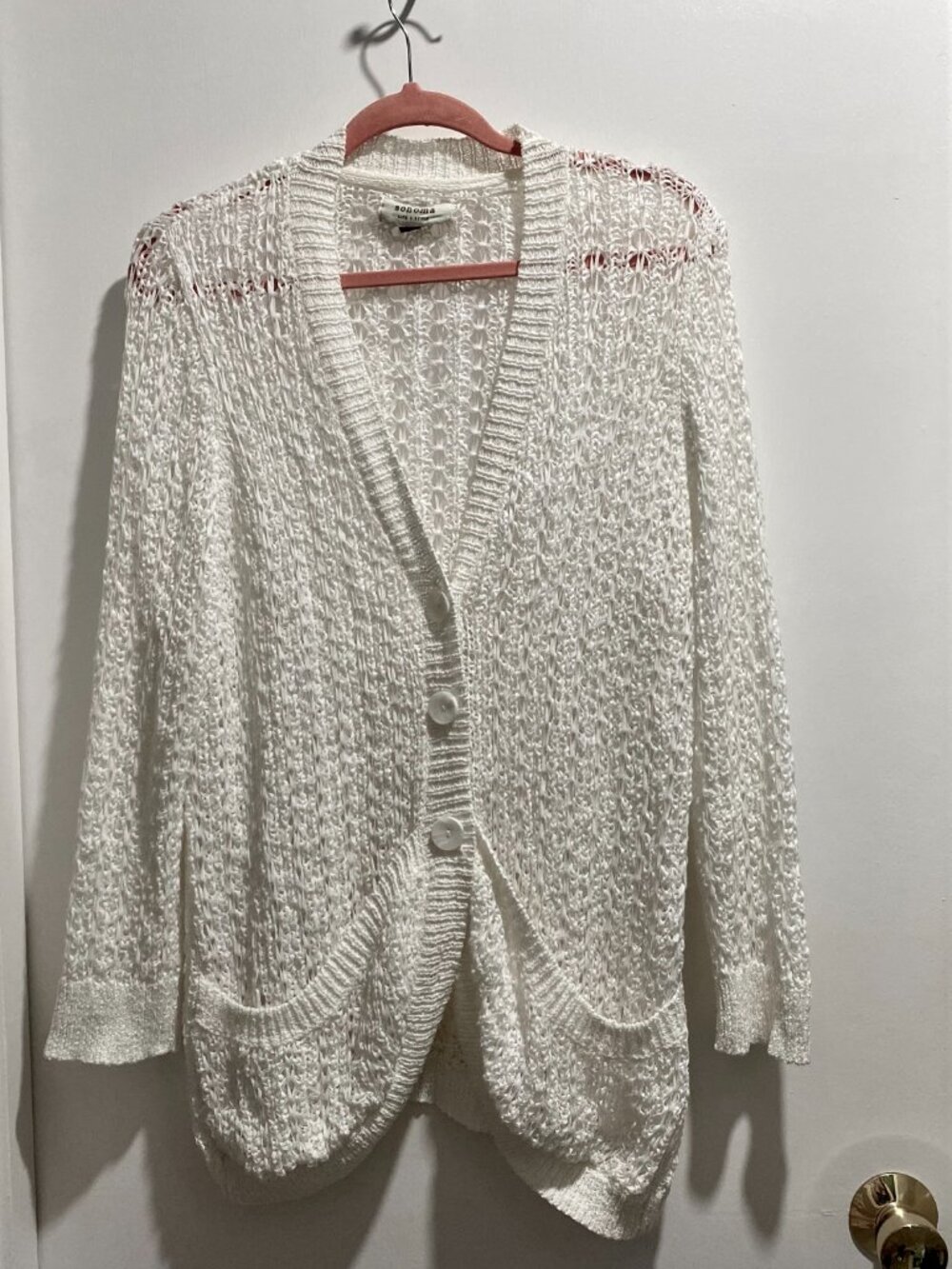 Sonoma White Breathy Pockets Open Loose Knit Cruise Coastal Beach Cardigan XL